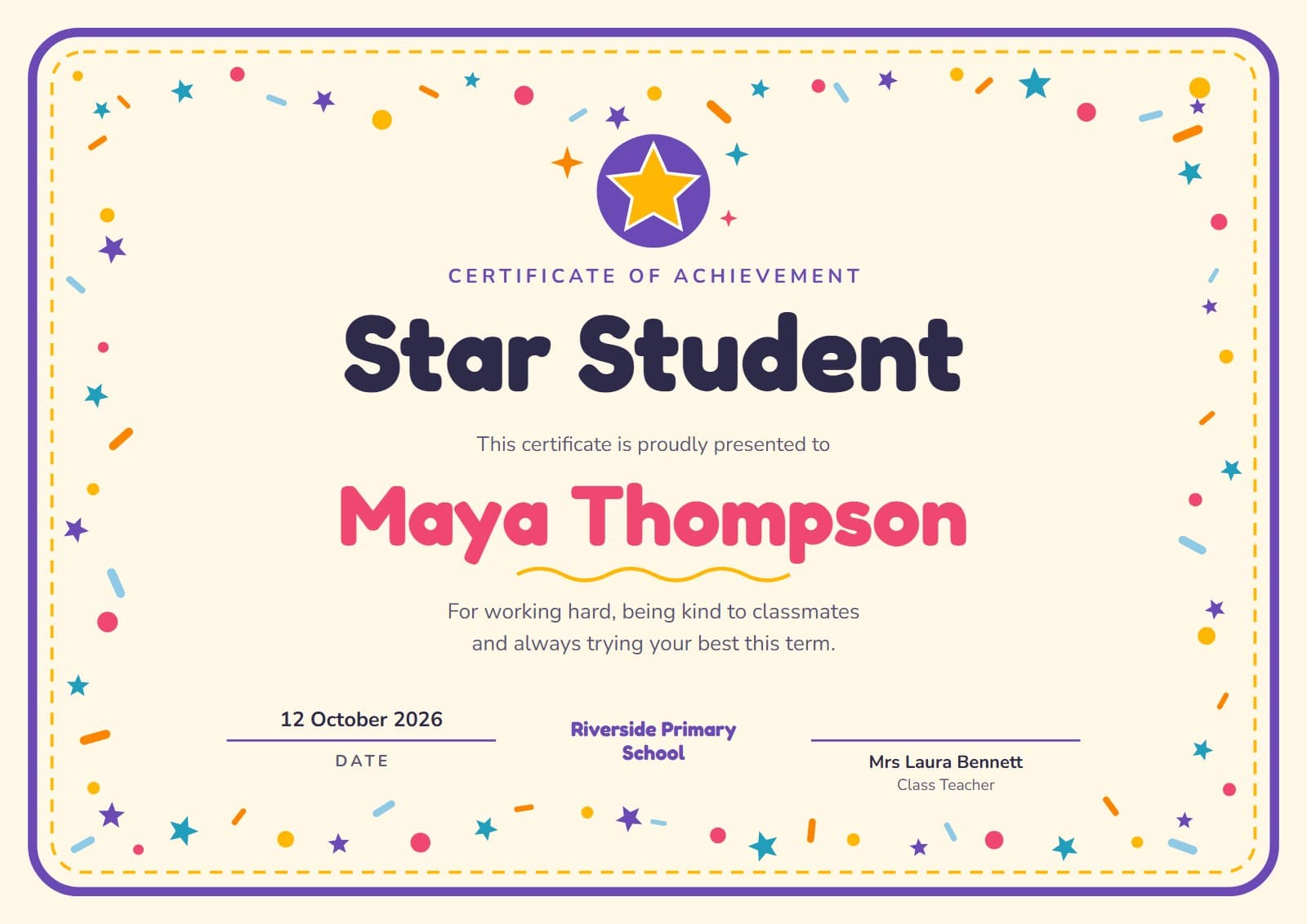 The Confetti student award certificate