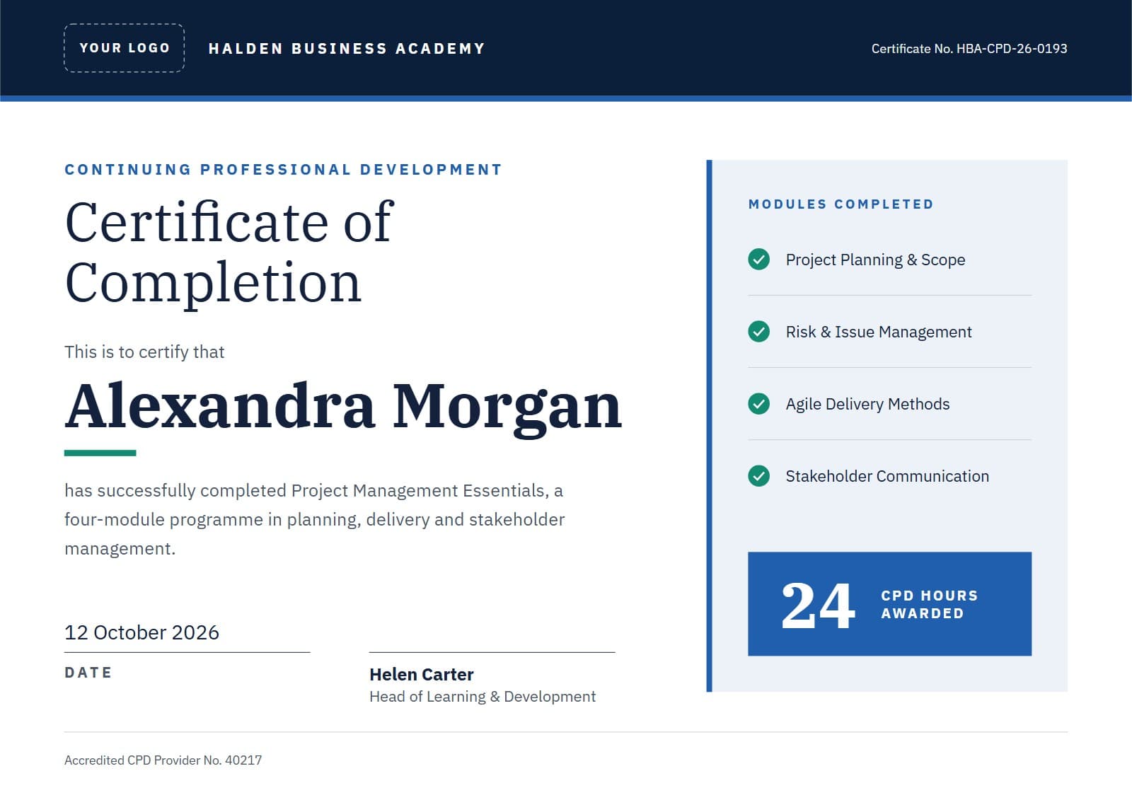 A Certificate of Completion on the Meridian design, with CPD hours and modules