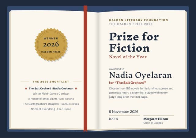 Prize for Fiction certificate for Nadia O.