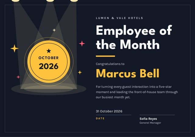 Employee of the Month certificate for Marcus B.