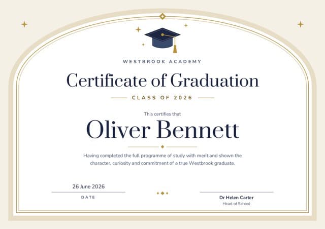 Oliver Bennett’s certificate of graduation