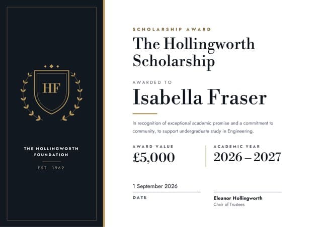 Hollingworth Scholarship certificate for Isabella F.