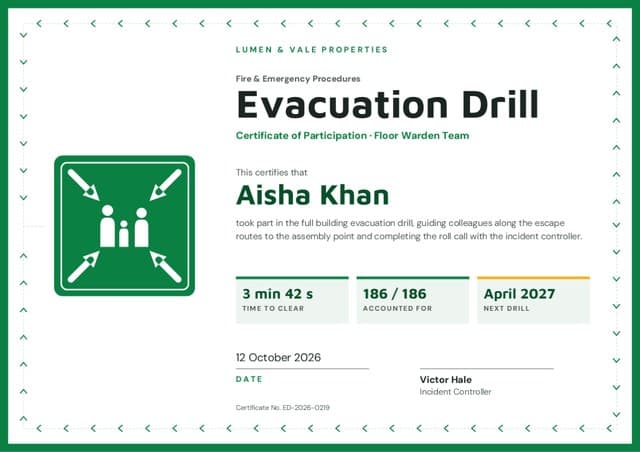 Fire Warden Training certificate for Aisha K.