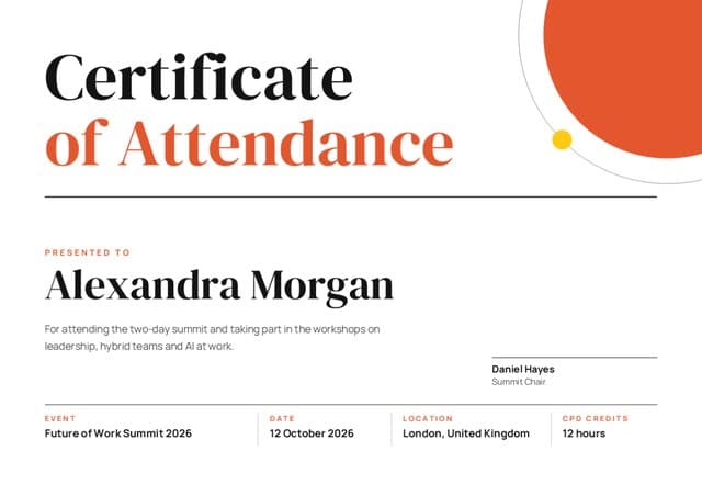 Alexandra Morgan’s Certificate of Attendance for the Future of Work Summit 2026 in London, with 12 CPD hours, on the Editorial design