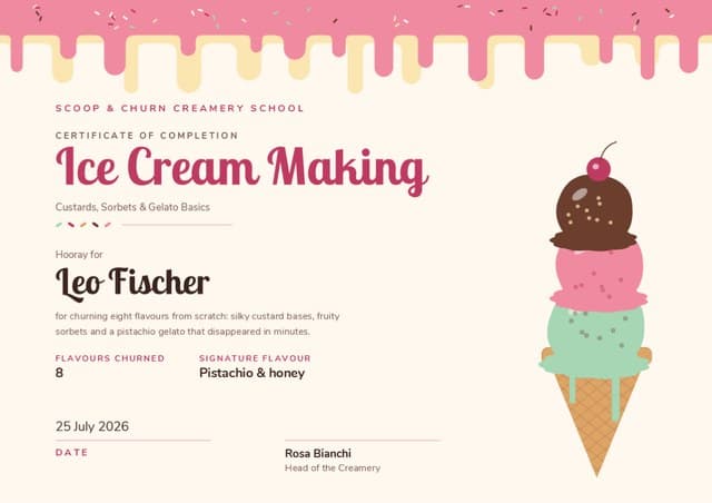 Ice Cream Making certificate for Leo F.